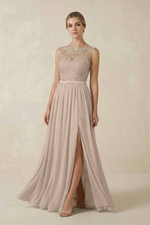 Lace A - Line Bateau Neck Chiffon Long Bridesmaid Dress in Almond - KISS BRIDAL Bridesmaid Dresses