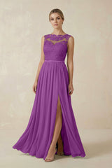 Lace A - Line Bateau Neck Chiffon Long Bridesmaid Dress in Amethyst - KISS BRIDAL Bridesmaid Dresses