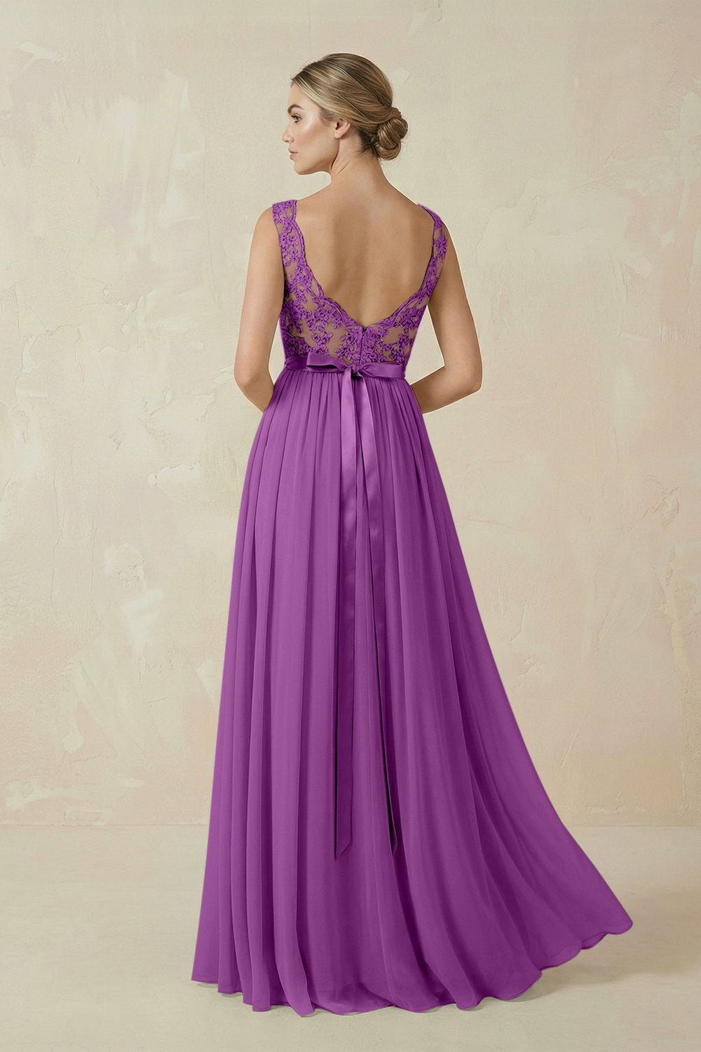 Lace A - Line Bateau Neck Chiffon Long Bridesmaid Dress in Amethyst - KISS BRIDAL Bridesmaid Dresses