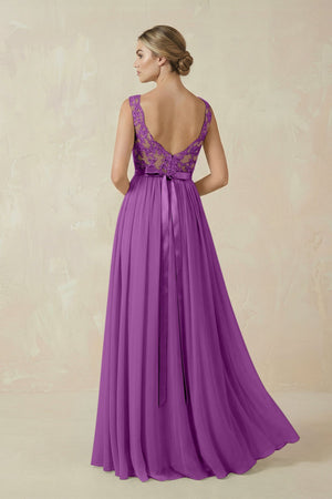 Lace A - Line Bateau Neck Chiffon Long Bridesmaid Dress in Amethyst - KISS BRIDAL Bridesmaid Dresses