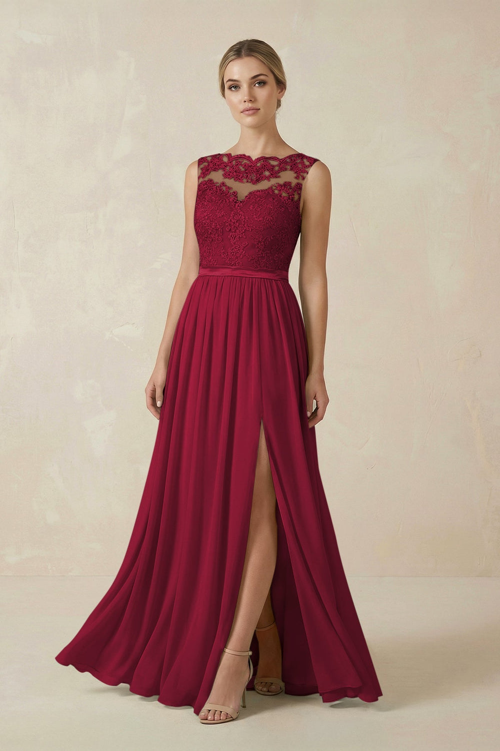 Lace A - Line Bateau Neck Chiffon Long Bridesmaid Dress in Berry - KISS BRIDAL Bridesmaid Dresses