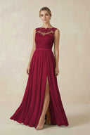 Lace A - Line Bateau Neck Chiffon Long Bridesmaid Dress in Berry - KISS BRIDAL Bridesmaid Dresses