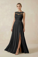 Lace A - Line Bateau Neck Chiffon Long Bridesmaid Dress in Black - KISS BRIDAL Bridesmaid Dresses