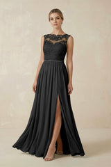 Lace A - Line Bateau Neck Chiffon Long Bridesmaid Dress in Black - KISS BRIDAL Bridesmaid Dresses