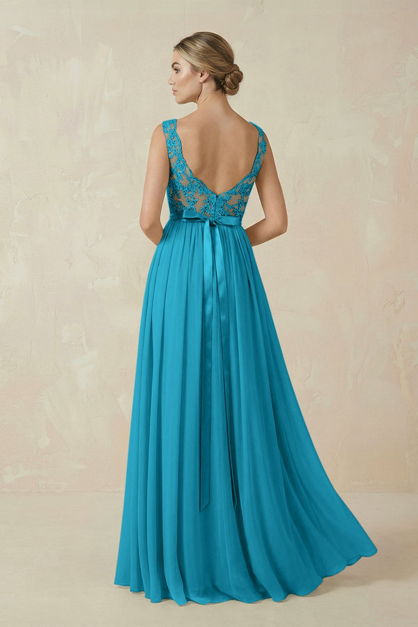 Lace A - Line Bateau Neck Chiffon Long Bridesmaid Dress in Blue Jay - KISS BRIDAL Bridesmaid Dresses