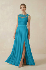 Lace A - Line Bateau Neck Chiffon Long Bridesmaid Dress in Blue Jay - KISS BRIDAL Bridesmaid Dresses