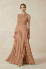 Lace A - Line Bateau Neck Chiffon Long Bridesmaid Dress in Bronzer - KISS BRIDAL Bridesmaid Dresses
