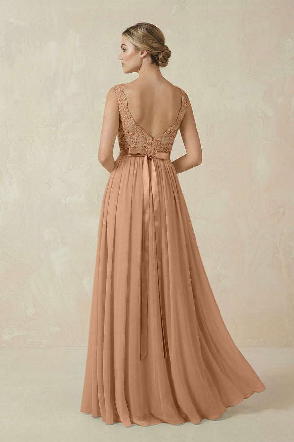 Lace A - Line Bateau Neck Chiffon Long Bridesmaid Dress in Bronzer - SHE IS ME Bridesmaid Dresses