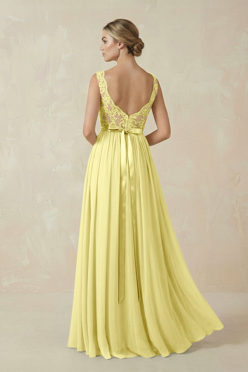 Lace A - Line Bateau Neck Chiffon Long Bridesmaid Dress in Buttercup - KISS BRIDAL Bridesmaid Dresses