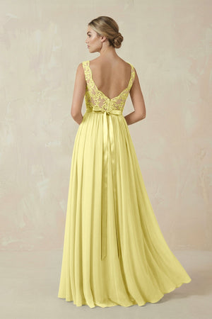 Lace A - Line Bateau Neck Chiffon Long Bridesmaid Dress in Buttercup - KISS BRIDAL Bridesmaid Dresses