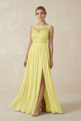 Lace A - Line Bateau Neck Chiffon Long Bridesmaid Dress in Buttercup - KISS BRIDAL Bridesmaid Dresses