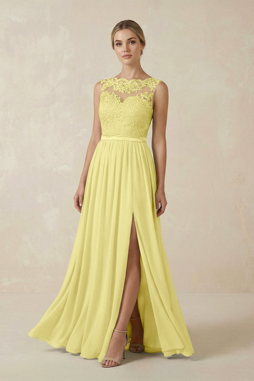 Lace A - Line Bateau Neck Chiffon Long Bridesmaid Dress in Buttercup - KISS BRIDAL Bridesmaid Dresses