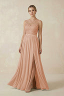 Lace A - Line Bateau Neck Chiffon Long Bridesmaid Dress in Champagne Rose - KISS BRIDAL Bridesmaid Dresses