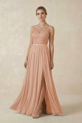 Lace A - Line Bateau Neck Chiffon Long Bridesmaid Dress in Champagne Rose - KISS BRIDAL Bridesmaid Dresses