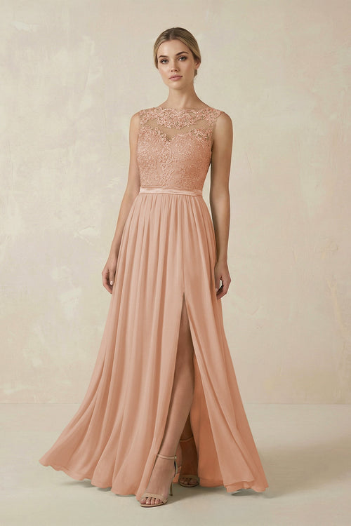 Lace A - Line Bateau Neck Chiffon Long Bridesmaid Dress in Champagne Rose - KISS BRIDAL Bridesmaid Dresses