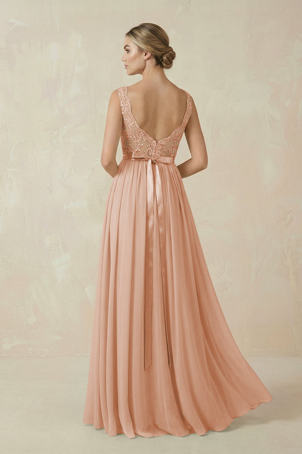 Lace A - Line Bateau Neck Chiffon Long Bridesmaid Dress in Champagne Rose - KISS BRIDAL Bridesmaid Dresses