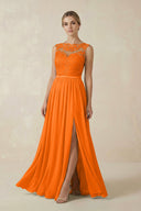 Lace A - Line Bateau Neck Chiffon Long Bridesmaid Dress in Cinnamon - KISS BRIDAL Bridesmaid Dresses