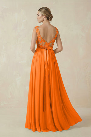 Lace A - Line Bateau Neck Chiffon Long Bridesmaid Dress in Cinnamon - KISS BRIDAL Bridesmaid Dresses