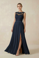 Lace A - Line Bateau Neck Chiffon Long Bridesmaid Dress in Dark Navy - KISS BRIDAL Bridesmaid Dresses