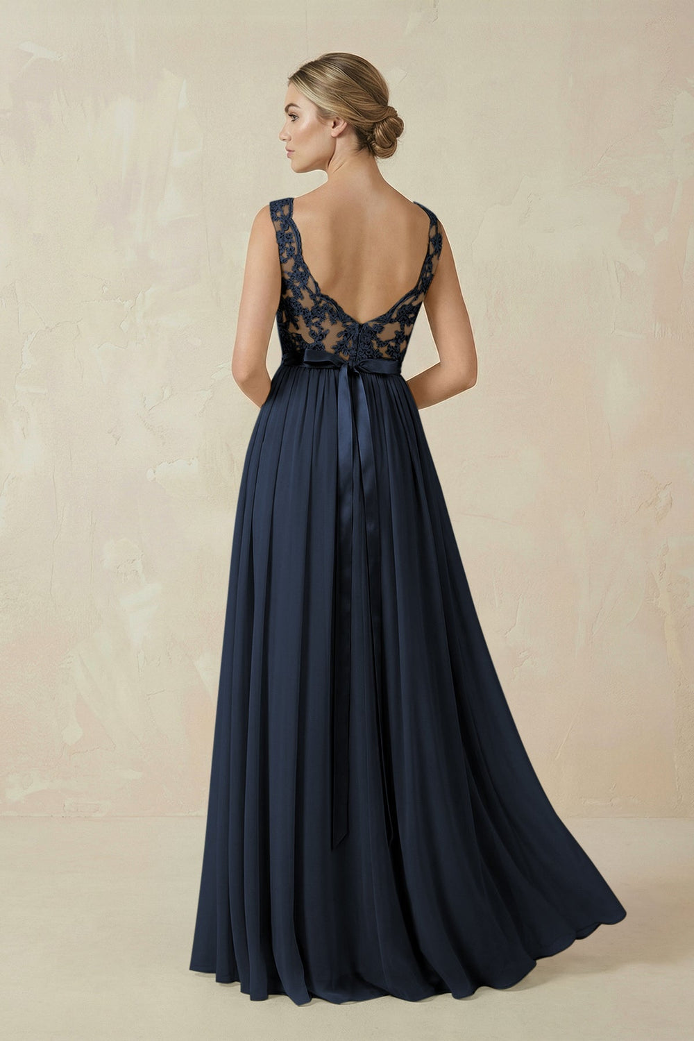 Lace A - Line Bateau Neck Chiffon Long Bridesmaid Dress in Dark Navy - KISS BRIDAL Bridesmaid Dresses