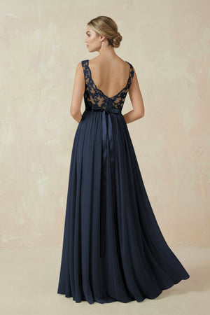 Lace A - Line Bateau Neck Chiffon Long Bridesmaid Dress in Dark Navy - KISS BRIDAL Bridesmaid Dresses