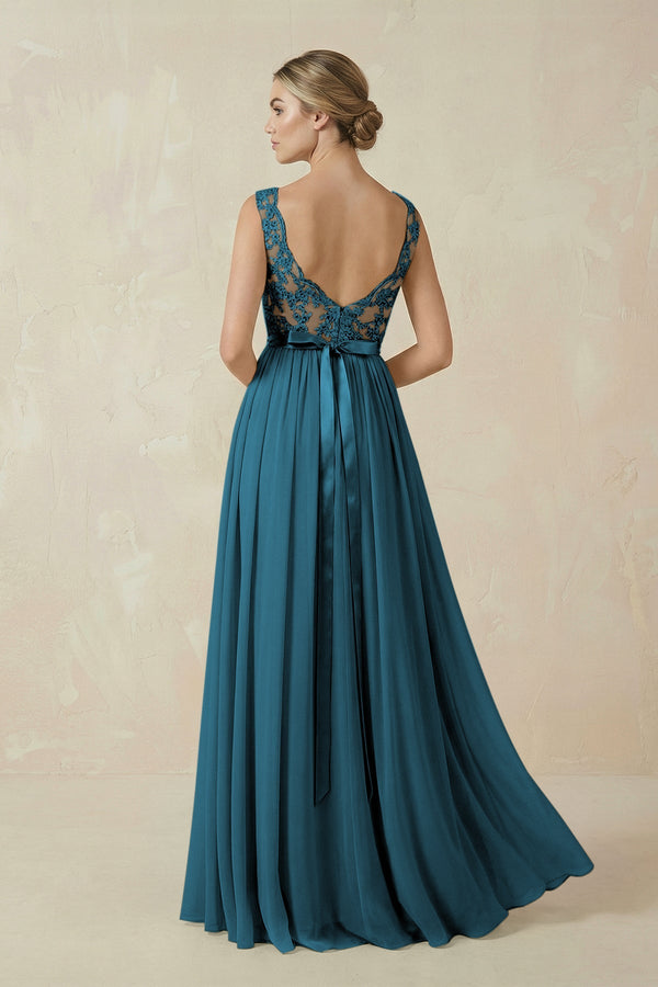 Lace A - Line Bateau Neck Chiffon Long Bridesmaid Dress in Dark Teal - KISS BRIDAL Bridesmaid Dresses