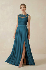 Lace A - Line Bateau Neck Chiffon Long Bridesmaid Dress in Dark Teal - KISS BRIDAL Bridesmaid Dresses