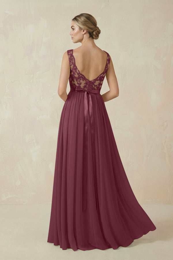Lace A-Line Bateau Neck Chiffon Long Bridesmaid Dress in Desert Rose (2) | KISSBRIDAL