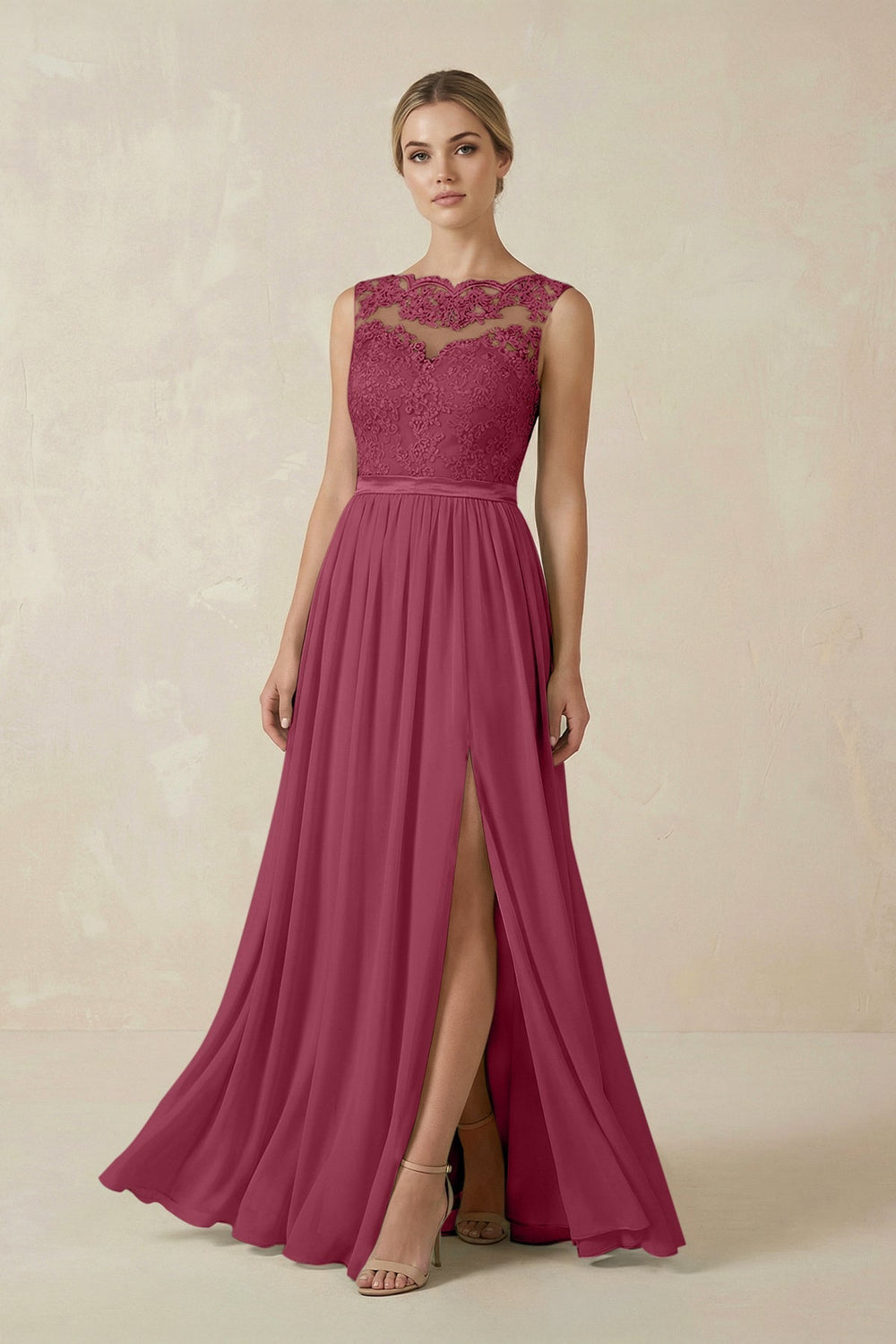 Lace A - Line Bateau Neck Chiffon Long Bridesmaid Dress in Desert Rose - KISS BRIDAL Bridesmaid Dresses