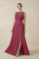 Lace A - Line Bateau Neck Chiffon Long Bridesmaid Dress in Desert Rose - KISS BRIDAL Bridesmaid Dresses