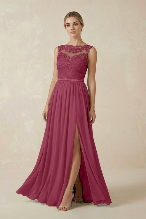 Lace A - Line Bateau Neck Chiffon Long Bridesmaid Dress in Desert Rose - KISS BRIDAL Bridesmaid Dresses