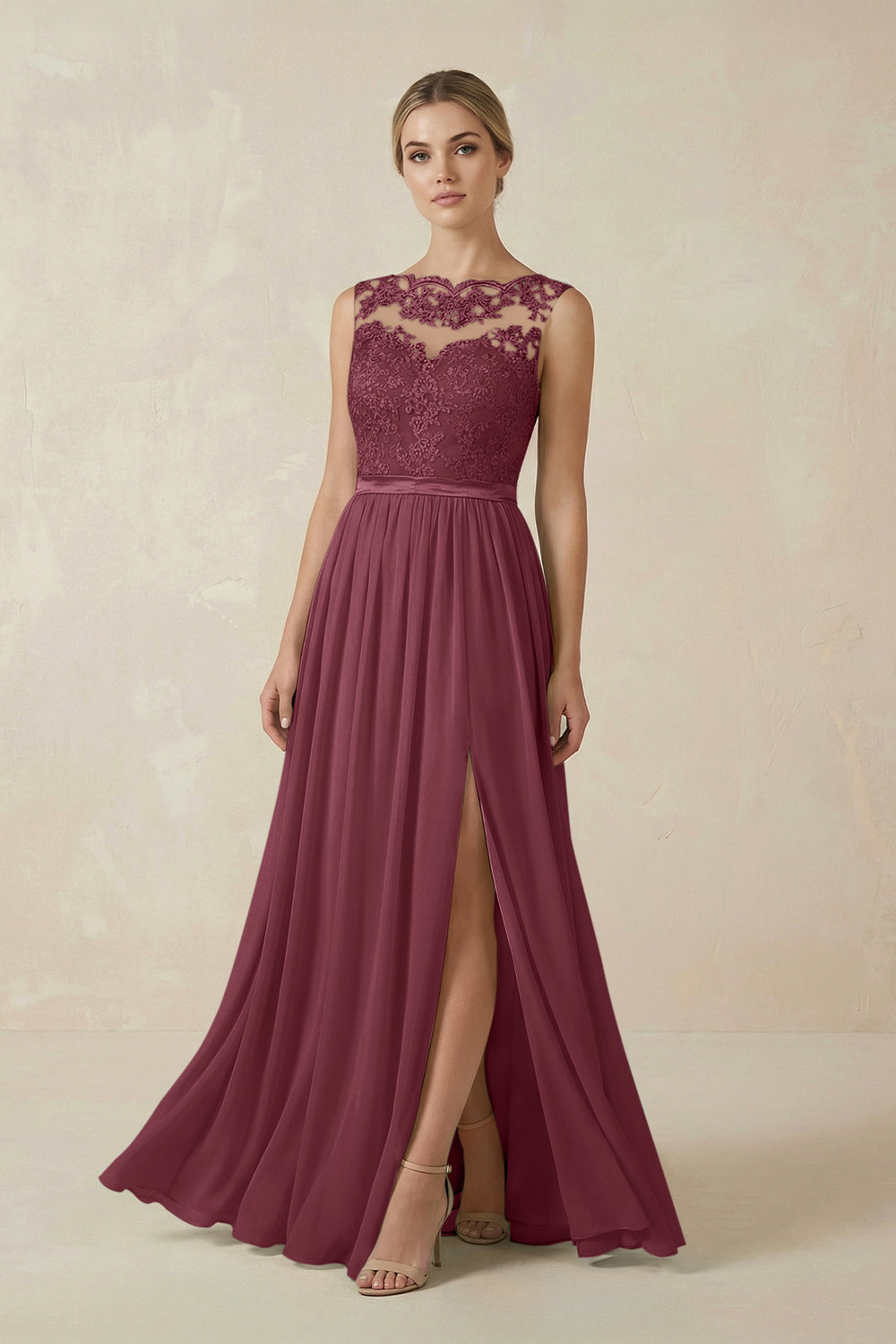 Lace A-Line Bateau Neck Chiffon Long Bridesmaid Dress in Desert Rose