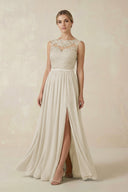 Lace A - Line Bateau Neck Chiffon Long Bridesmaid Dress in Dove Gray - SHE IS ME Bridesmaid Dresses