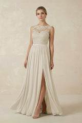 Lace A - Line Bateau Neck Chiffon Long Bridesmaid Dress in Dove Gray - KISS BRIDAL Bridesmaid Dresses