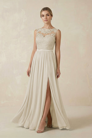 Lace A - Line Bateau Neck Chiffon Long Bridesmaid Dress in Dove Gray - SHE IS ME Bridesmaid Dresses