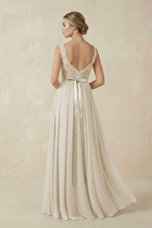 Lace A - Line Bateau Neck Chiffon Long Bridesmaid Dress in Dove Gray - SHE IS ME Bridesmaid Dresses