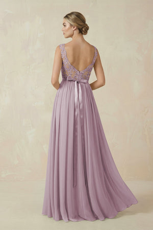 Lace A - Line Bateau Neck Chiffon Long Bridesmaid Dress in Dusk - KISS BRIDAL Bridesmaid Dresses