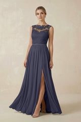 Lace A - Line Bateau Neck Chiffon Long Bridesmaid Dress in Dusk Blue - KISS BRIDAL Bridesmaid Dresses