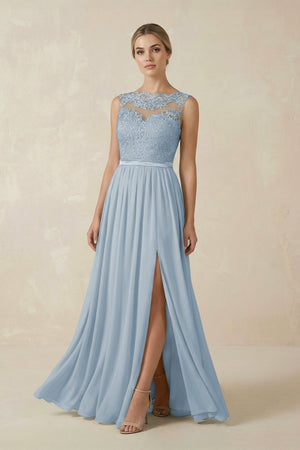 Lace A - Line Bateau Neck Chiffon Long Bridesmaid Dress in Dusty Blue - KISS BRIDAL Bridesmaid Dresses