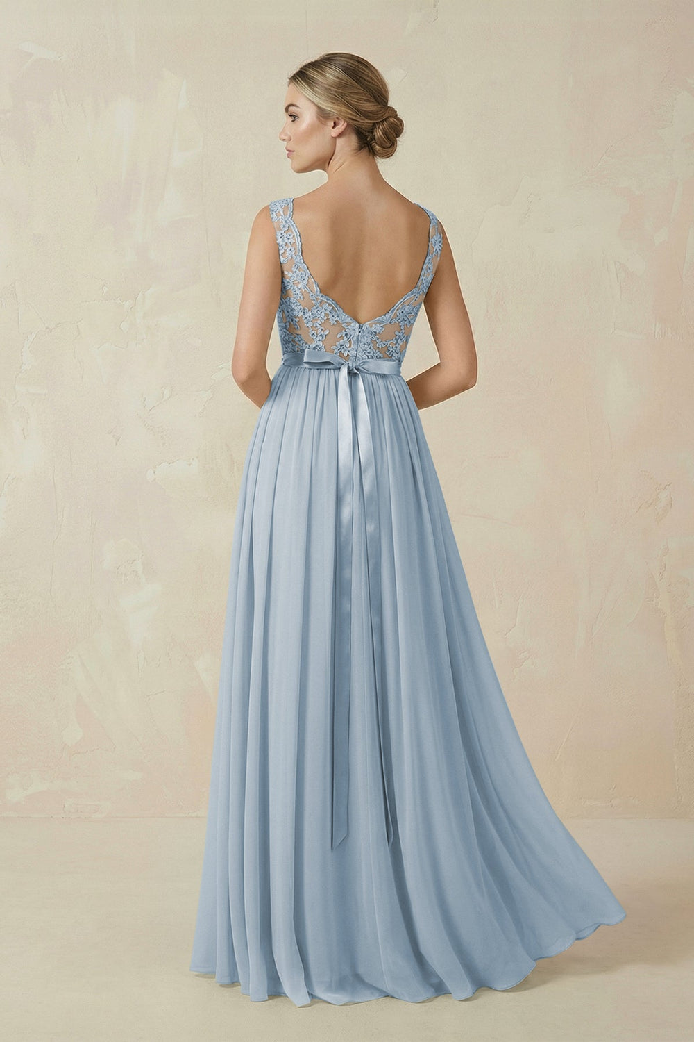 Lace A - Line Bateau Neck Chiffon Long Bridesmaid Dress in Dusty Blue - KISS BRIDAL Bridesmaid Dresses