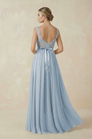 Lace A - Line Bateau Neck Chiffon Long Bridesmaid Dress in Dusty Blue - KISS BRIDAL Bridesmaid Dresses