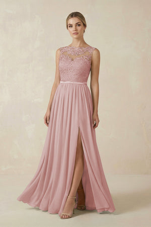 Lace A - Line Bateau Neck Chiffon Long Bridesmaid Dress in Dusty Rose - KISS BRIDAL Bridesmaid Dresses