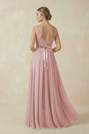 Lace A - Line Bateau Neck Chiffon Long Bridesmaid Dress in Dusty Rose - KISS BRIDAL Bridesmaid Dresses
