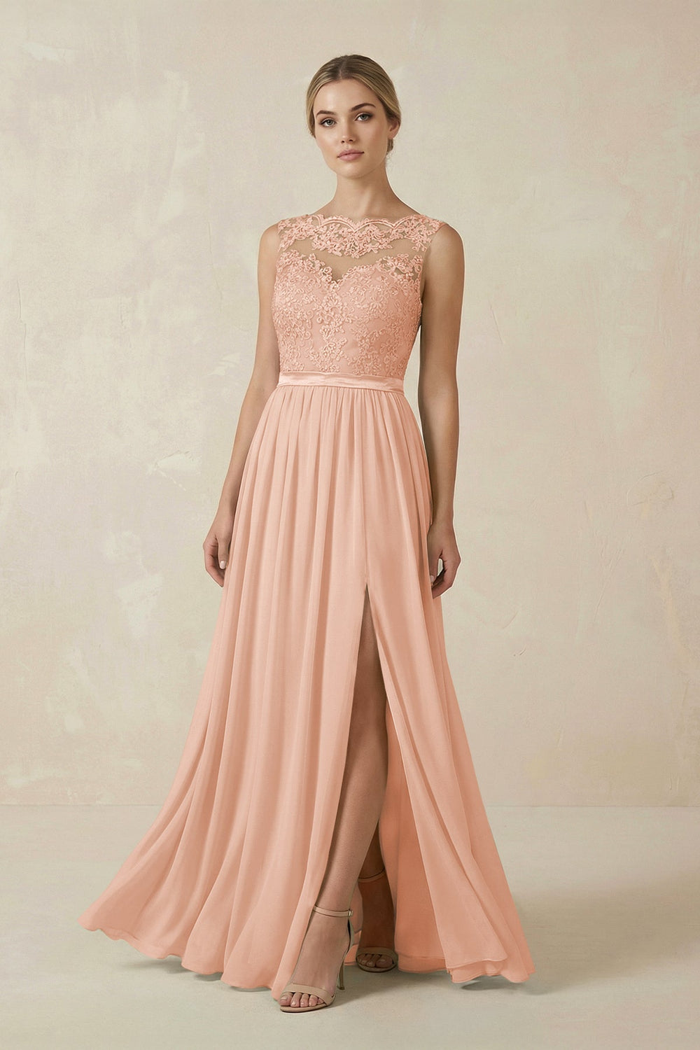 Lace A - Line Bateau Neck Chiffon Long Bridesmaid Dress in English Rose - KISS BRIDAL Bridesmaid Dresses