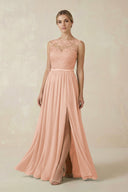 Lace A - Line Bateau Neck Chiffon Long Bridesmaid Dress in English Rose - SHE IS ME Bridesmaid Dresses