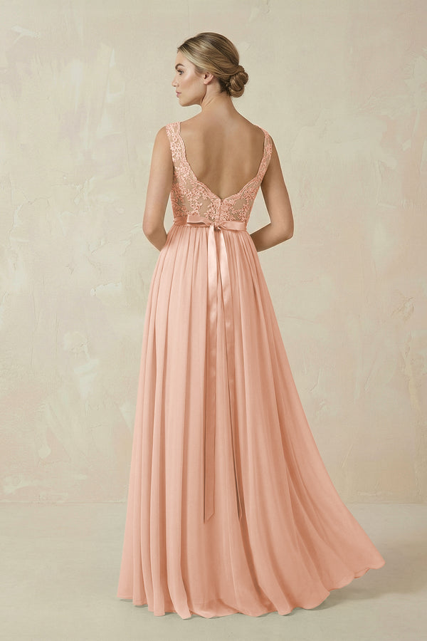 Lace A - Line Bateau Neck Chiffon Long Bridesmaid Dress in English Rose - SHE IS ME Bridesmaid Dresses