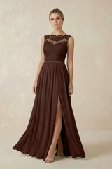 Lace A - Line Bateau Neck Chiffon Long Bridesmaid Dress in Espresso - KISS BRIDAL Bridesmaid Dresses