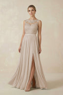 Lace A - Line Bateau Neck Chiffon Long Bridesmaid Dress in Frost - KISS BRIDAL Bridesmaid Dresses