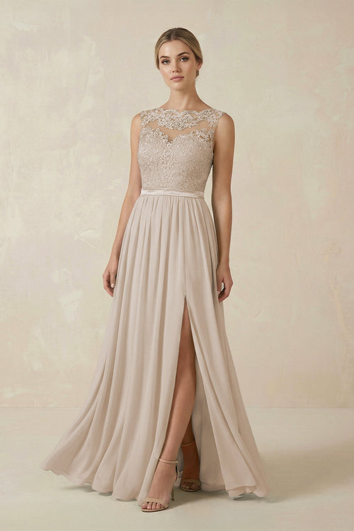 Lace A - Line Bateau Neck Chiffon Long Bridesmaid Dress in Frost - KISS BRIDAL Bridesmaid Dresses