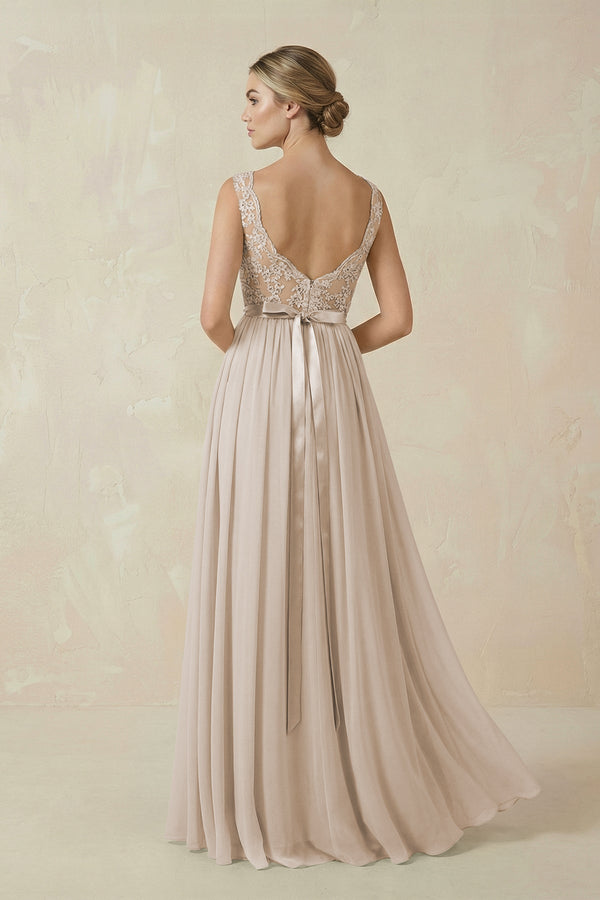 Lace A - Line Bateau Neck Chiffon Long Bridesmaid Dress in Frost - KISS BRIDAL Bridesmaid Dresses